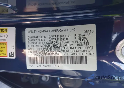 2018 Honda Accord Touring 2.0T z USA, uszkodzony, nr VIN 1HGCV2F99JA043216